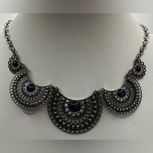 DARK NAVY BLUE SILVER TONE CABOCHON CLEAR RHINESTONE CHUNKY STATEMENT NECKLACE